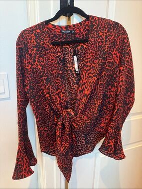 Nasty Gal Red and Black Leopard Tie-Front Blouse
